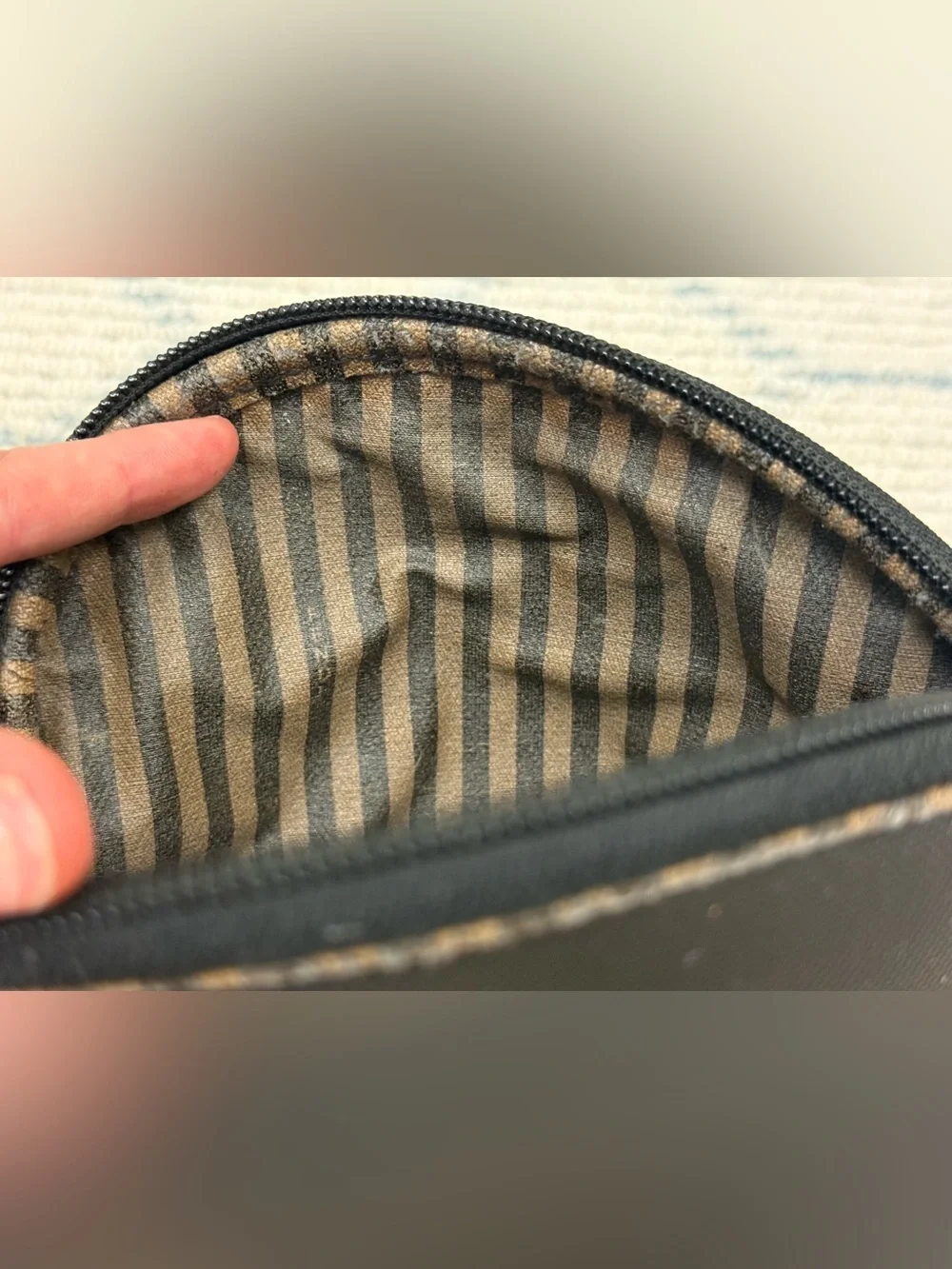 FENDI Vintage 90’s Signature Pequin Black Nylon Half-Moon Clutch/Cosmetic Pouch